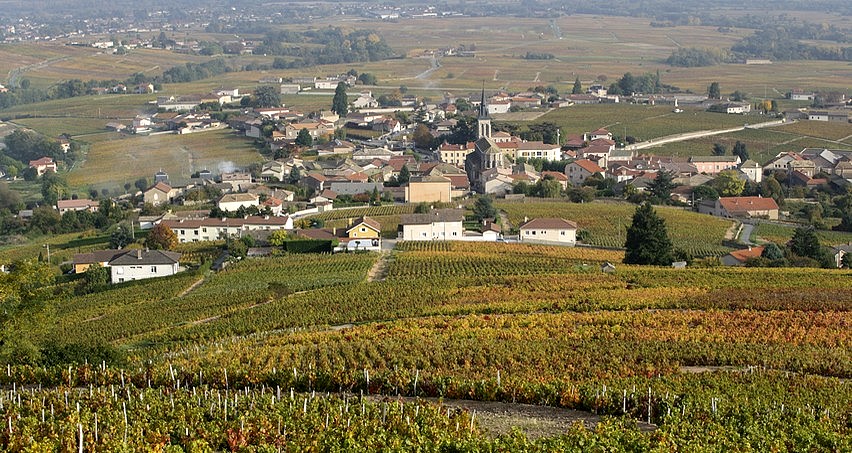Le village de Fleurie et ses vignes en automne